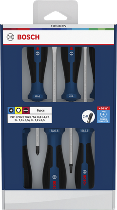 Set obeng Bosch PH/TX/SL 6 buah dengan gagang krom vanadium.